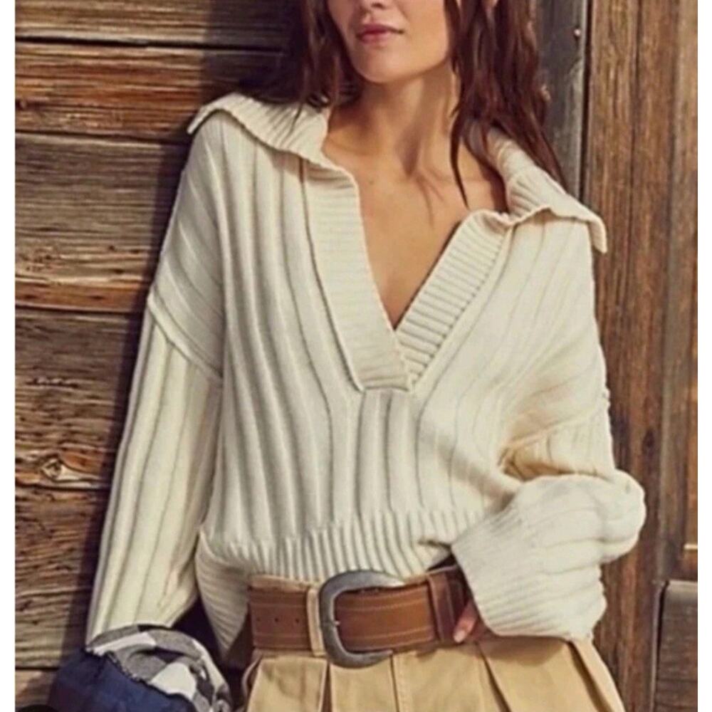 We The Free People Rudi Sweater Womens XS Oversized Slouchy Crop‎ Ivory Chunky